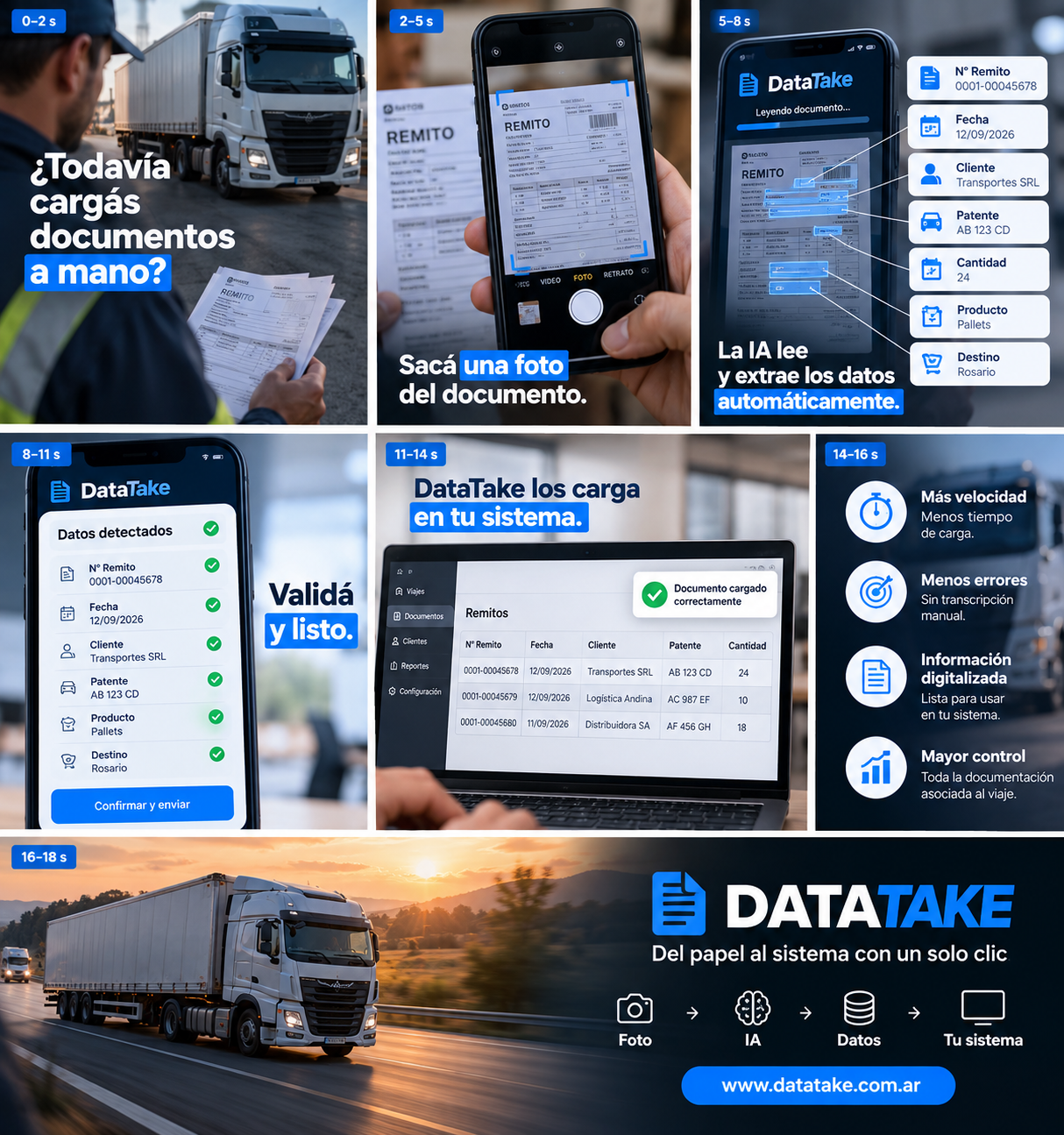 Secuencia ilustrada: foto de un remito, extracción y validación de datos, y carga en el sistema de gestión
